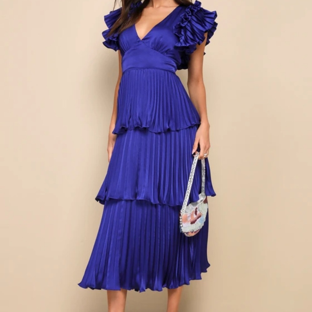 Lulus Cobalt Blue Satin Pleated Tiered Midi Women's Dress